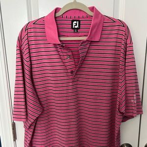 Footjoy golf polo, pink with blue stripes.
